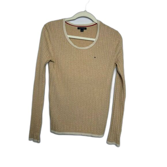 Tommy Hilfiger Sweater Women's Sz Small Tan Brown Cable Knit y2k Preppy Twilight - Picture 1 of 4